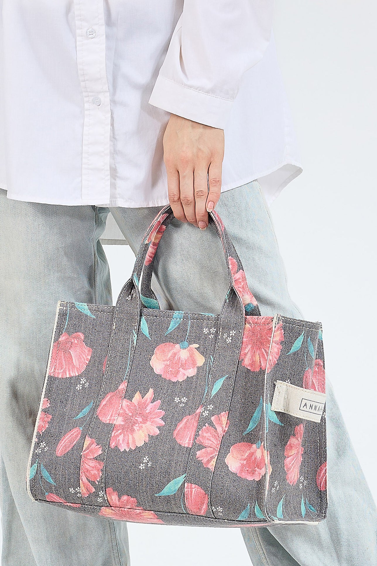 Floral Gray Cotton Canvas Tote Bag handle detail