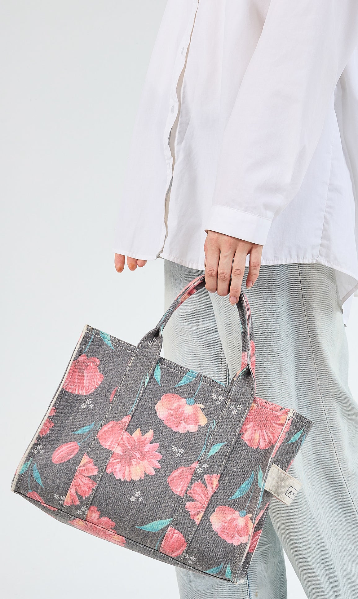 Floral Gray Cotton Canvas Tote Bag interior view