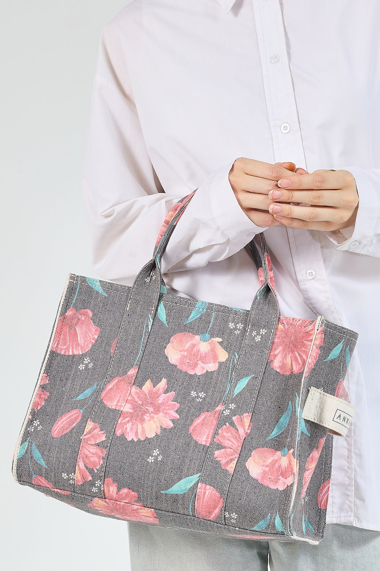 Floral Gray Cotton Canvas Tote Bag side view