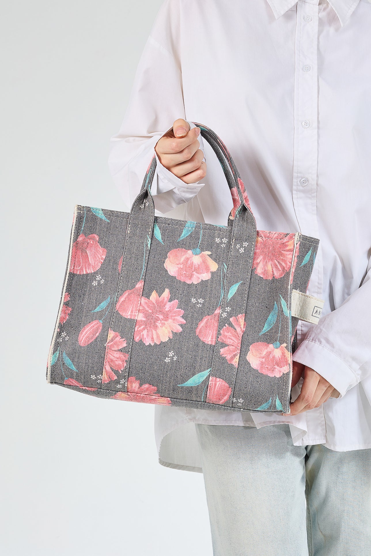 Floral Gray Cotton Canvas Tote Bag with model