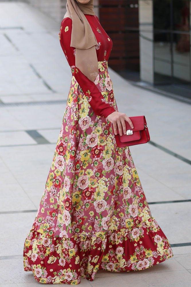 Close-up of the bodice with floral details on the Floral Harmony Sari-Inspired Maxi Dress