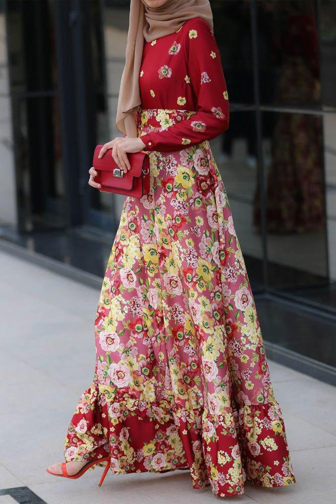 Front view of the Floral Harmony Sari-Inspired Maxi Dress