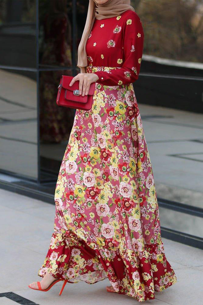 Detailed view of the ruffled skirt on the Floral Harmony Sari-Inspired Maxi Dress