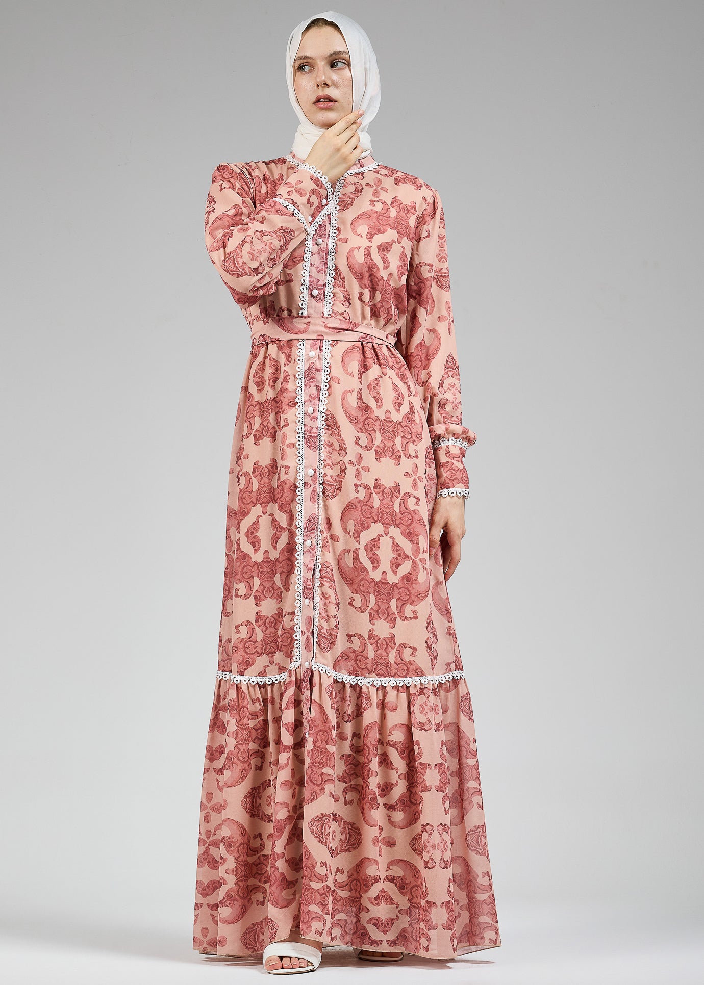 Floral lace-trimmed modest maxi dress with belt and flared sleeves