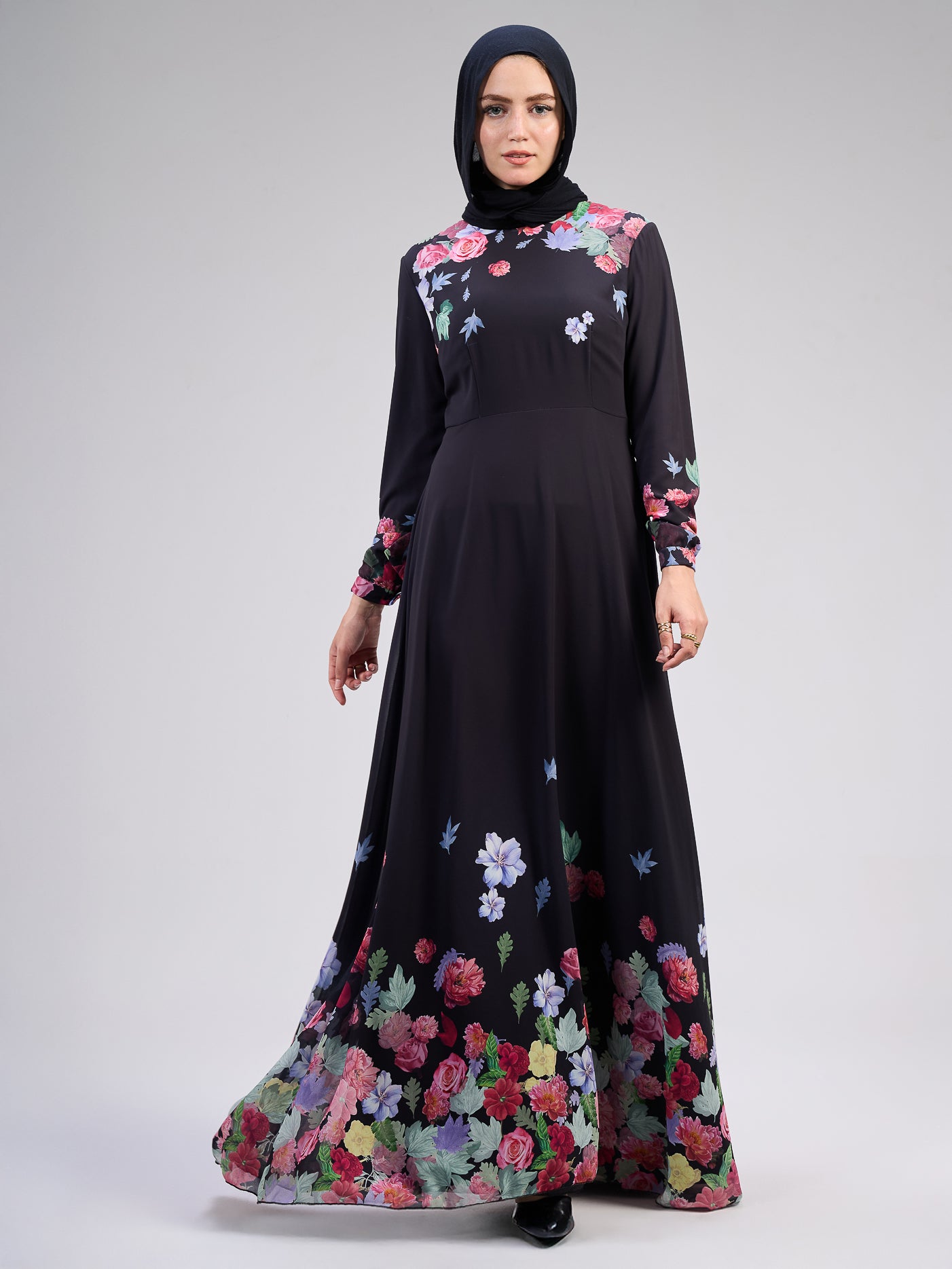 Full view of lightweight chiffon floral maxi dress