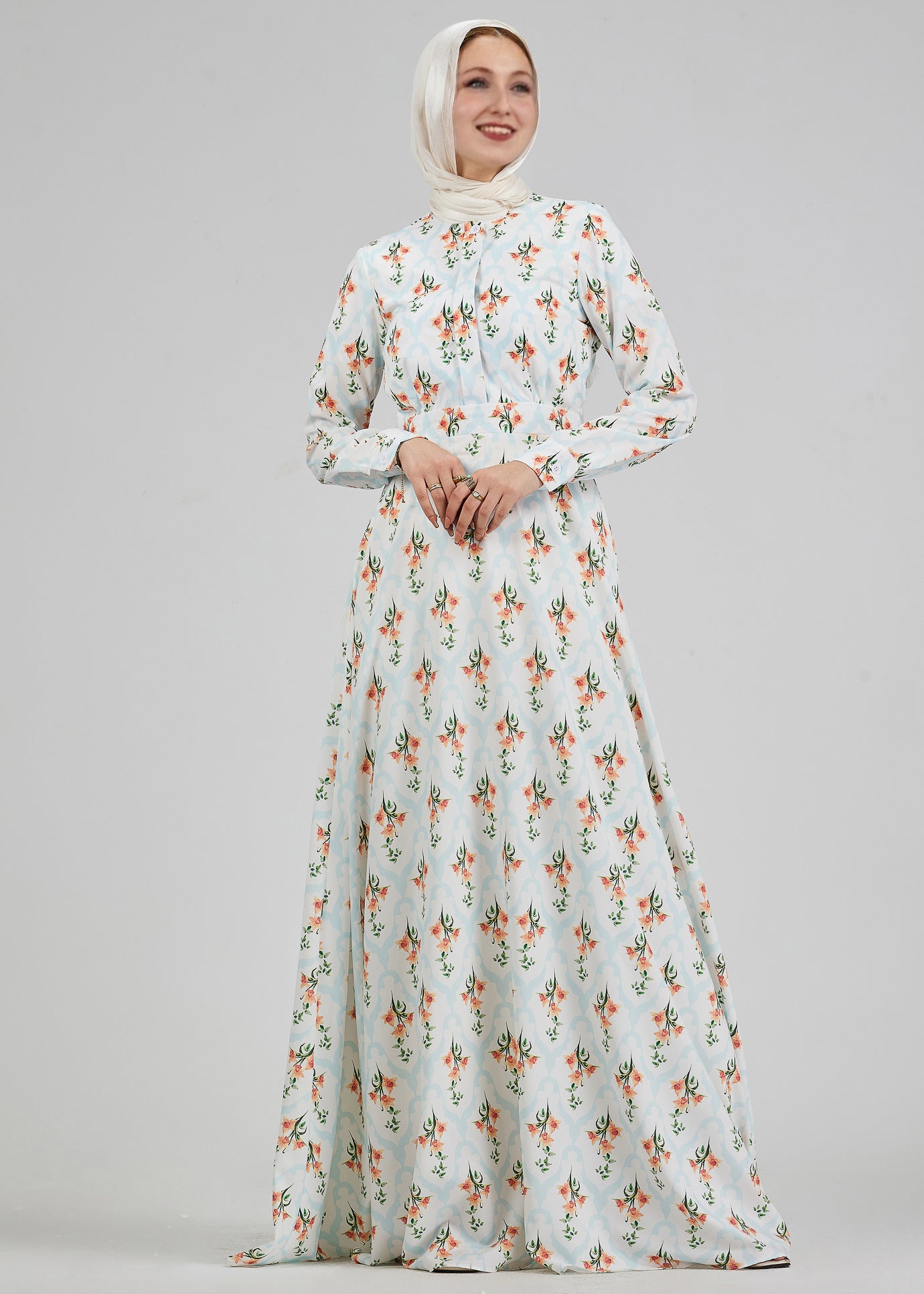 Back view of Floral Satin High Neck Maxi Dress