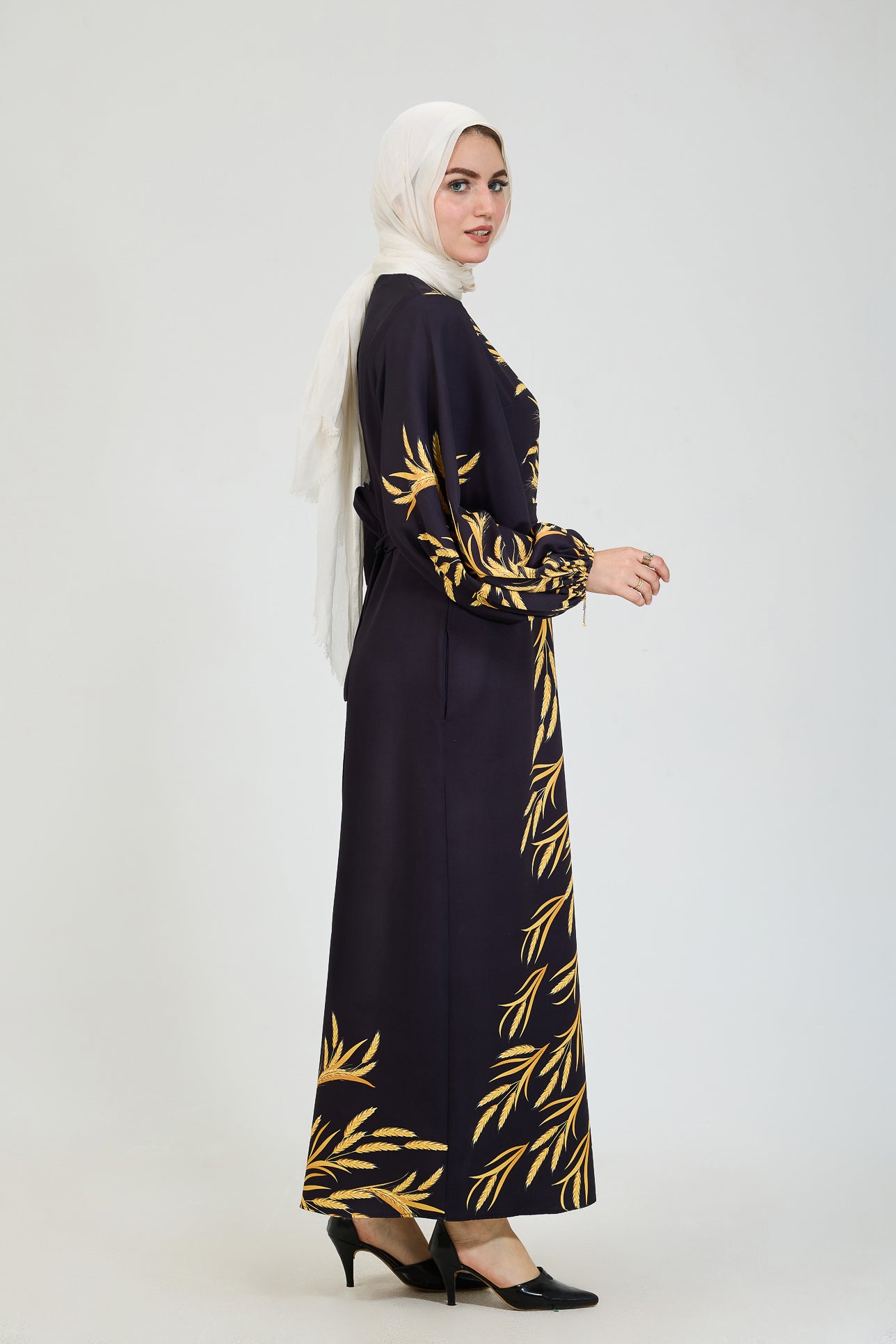 golden-leaf-modesty-dress-model-side