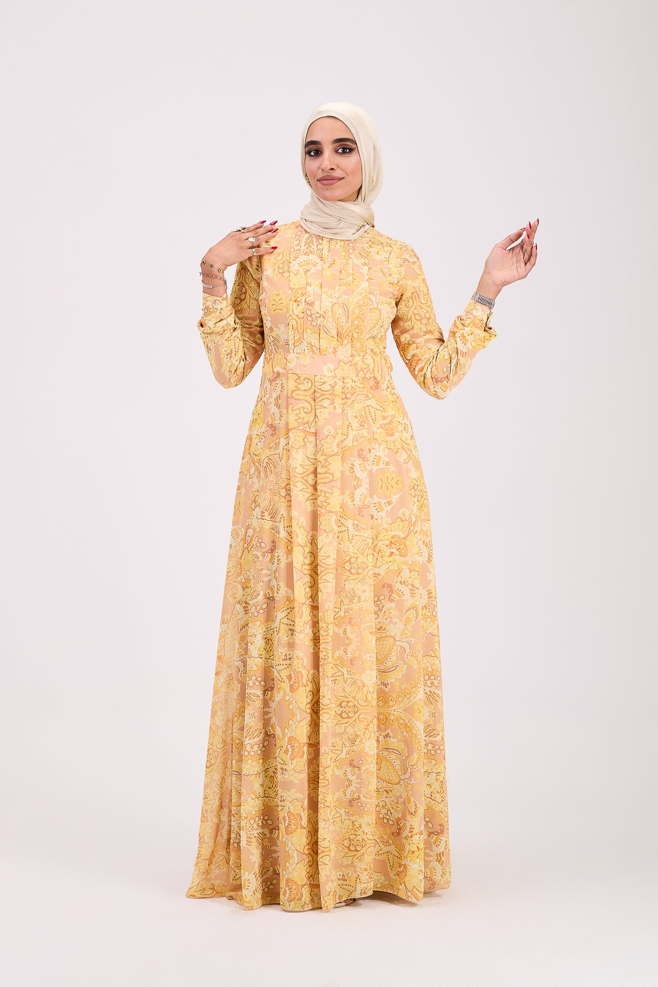 Back view of golden yellow floral hijab dress