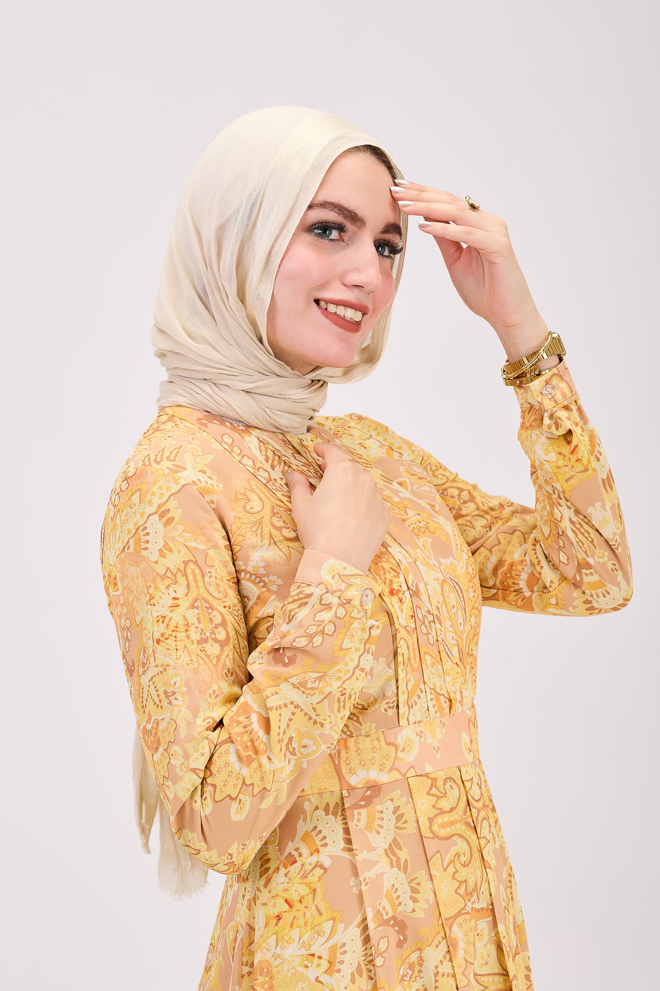 Back view of golden yellow floral hijab dress