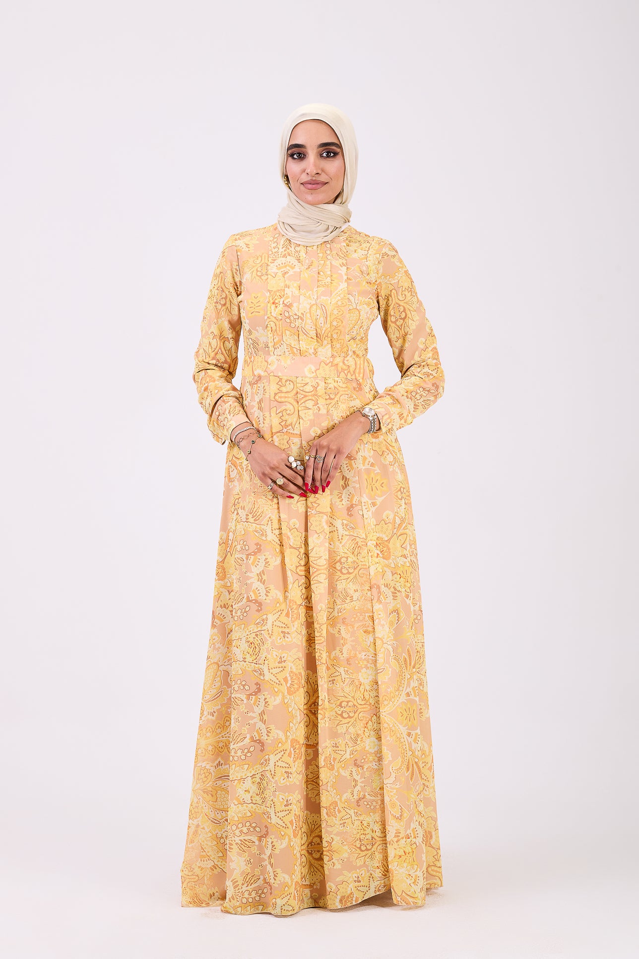 Front view of golden yellow floral hijab dress