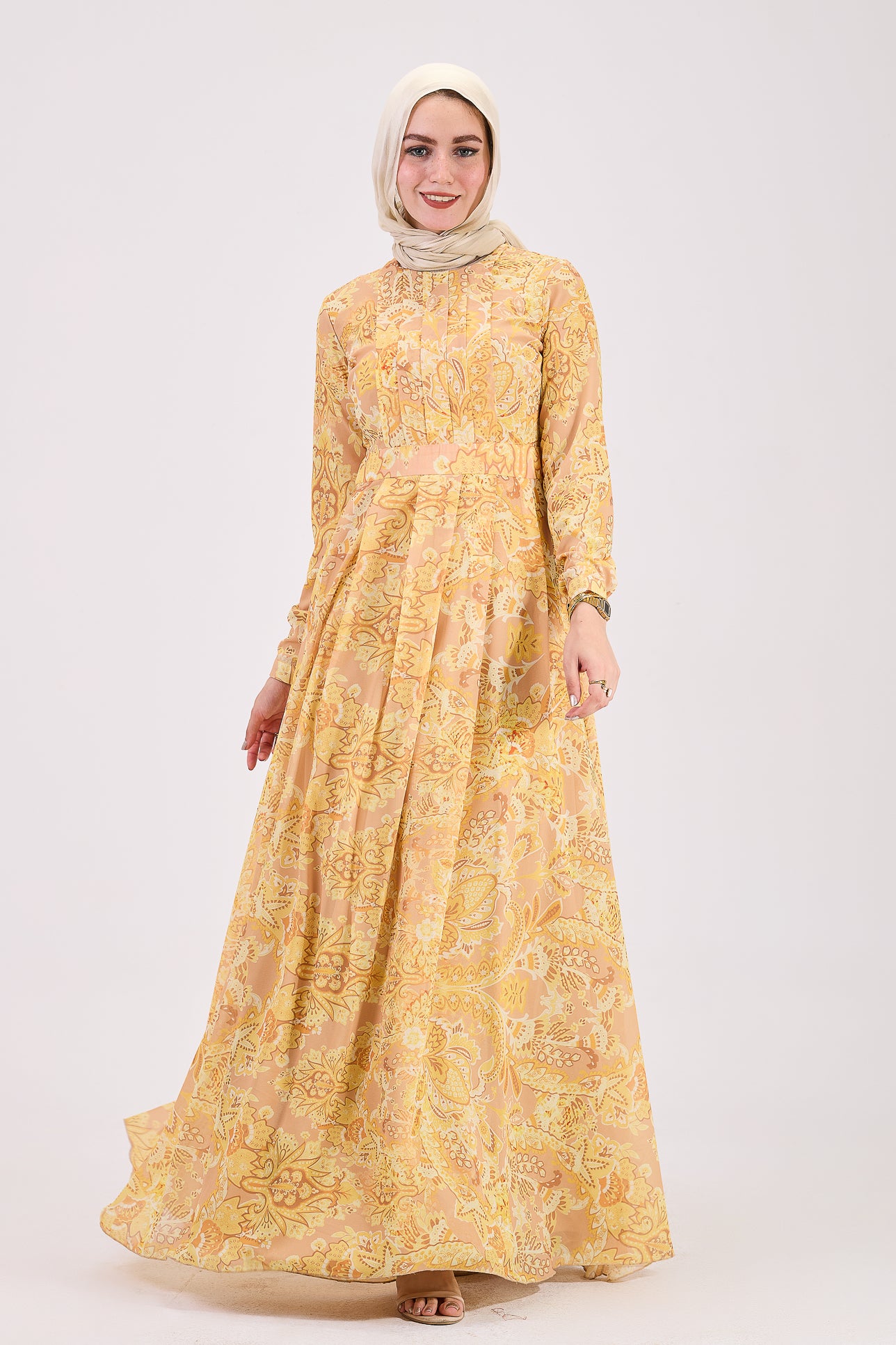 Front view of golden yellow floral hijab dress