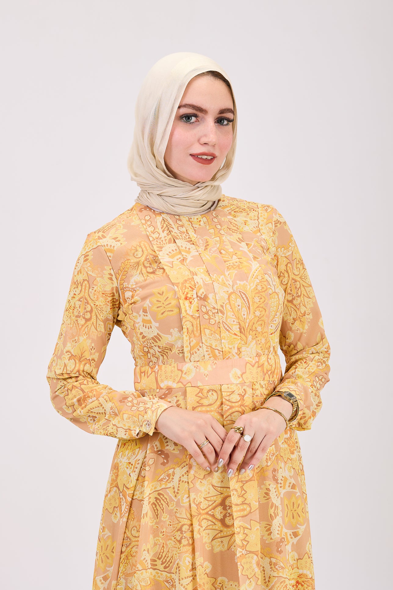 Side view of golden yellow floral hijab dress