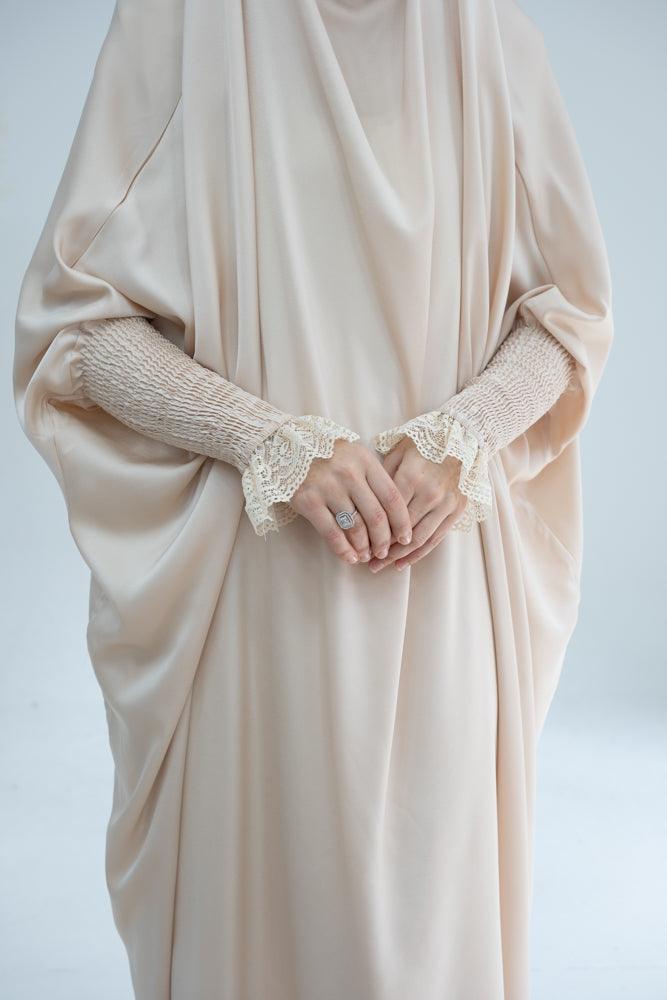 Gretaah prayer gown in khimar style with ribbed sleeve and lace cuff in Apricot - ANNAH HARIRI