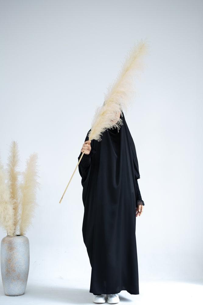 Gretaah prayer gown in khimar style with ribbed sleeve and lace cuff in Black - ANNAH HARIRI