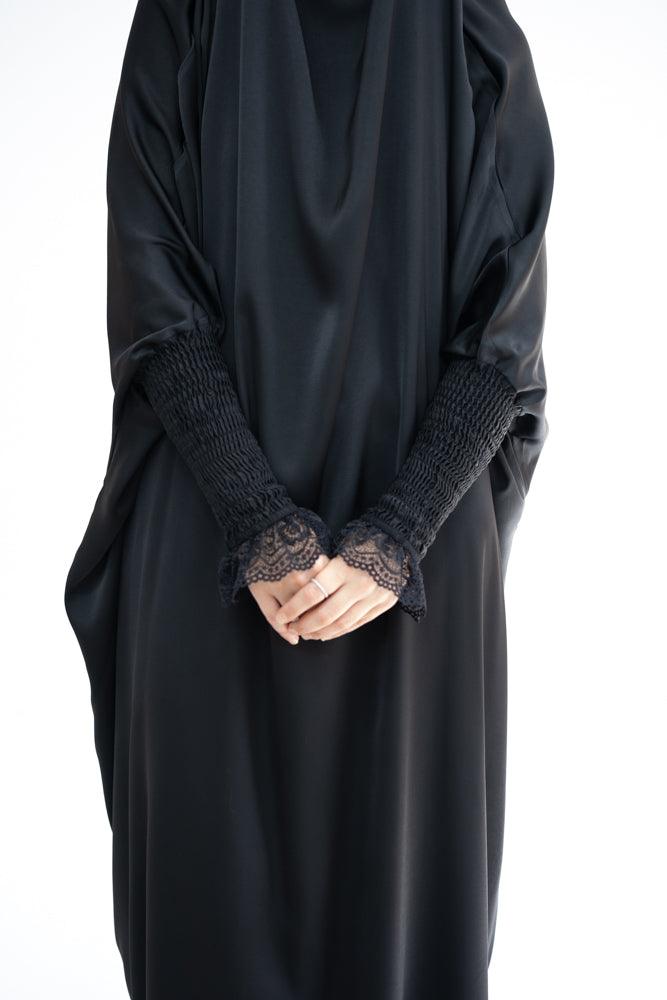 Gretaah prayer gown in khimar style with ribbed sleeve and lace cuff in Black - ANNAH HARIRI