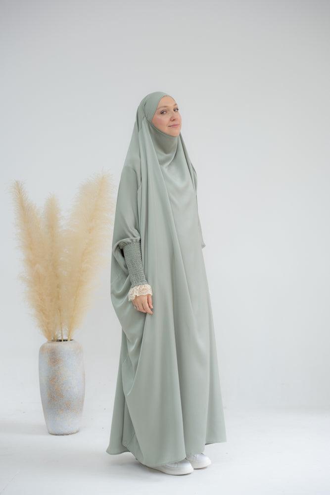 Gretaah prayer gown in khimar style with ribbed sleeve and lace cuff in Light Green - ANNAH HARIRI