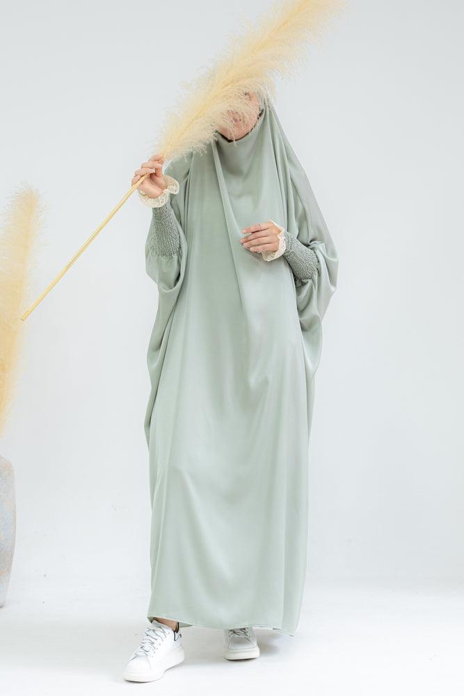 Gretaah prayer gown in khimar style with ribbed sleeve and lace cuff in Light Green - ANNAH HARIRI