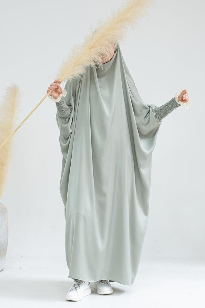 Gretaah prayer gown in khimar style with ribbed sleeve and lace cuff in Light Green - ANNAH HARIRI