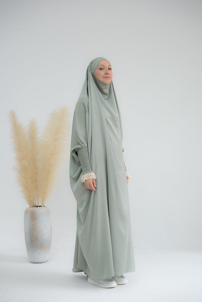 Gretaah prayer gown in khimar style with ribbed sleeve and lace cuff in Light Green - ANNAH HARIRI