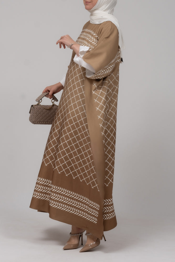 Front view of Heritage Elegance Kaftan Maxi Dress in tawny brown