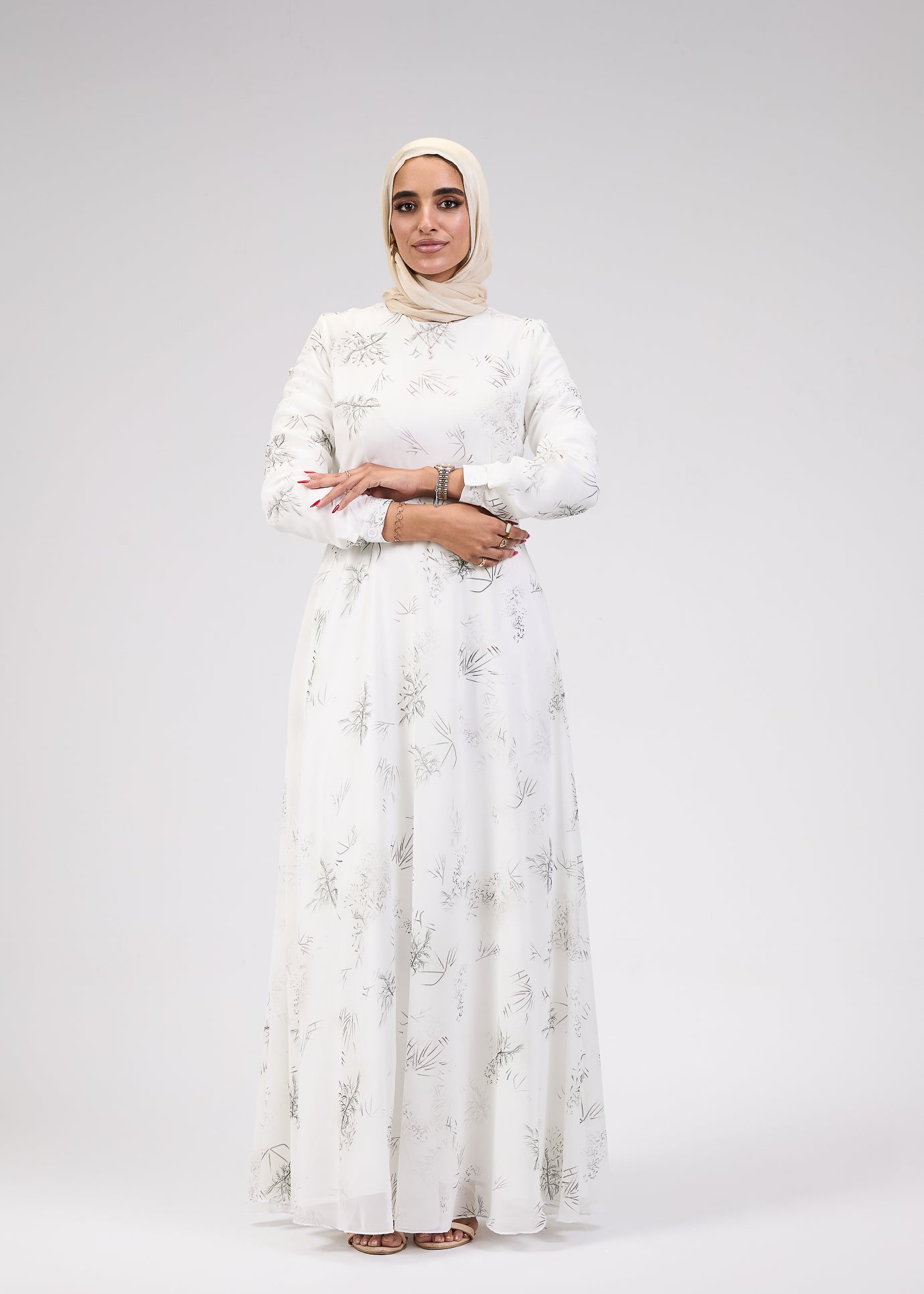 Front view of Ivory Chiffon Maxi Dress with floral print