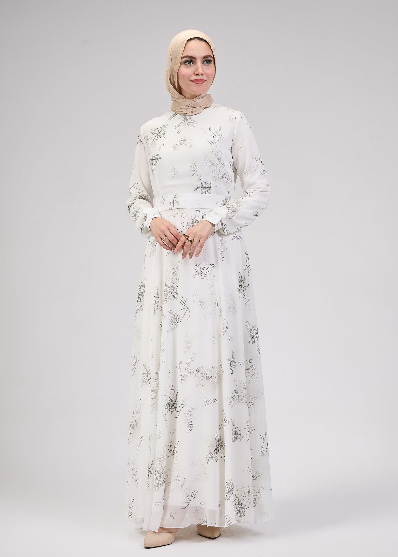 Detailed view of long sleeves on Ivory Chiffon Maxi Dress
