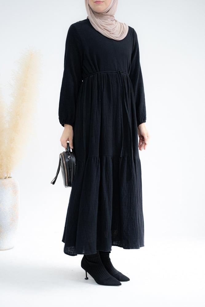 Jamila Cotton dress with string belt and bow neck tie in Black - ANNAH HARIRI