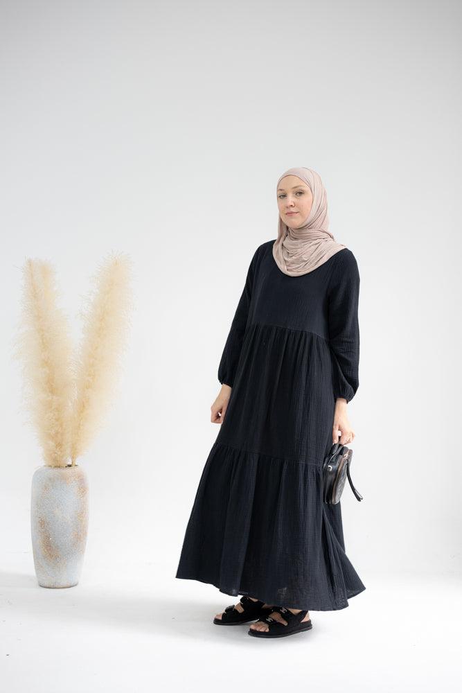 Jamila Cotton dress with string belt and bow neck tie in Black - ANNAH HARIRI