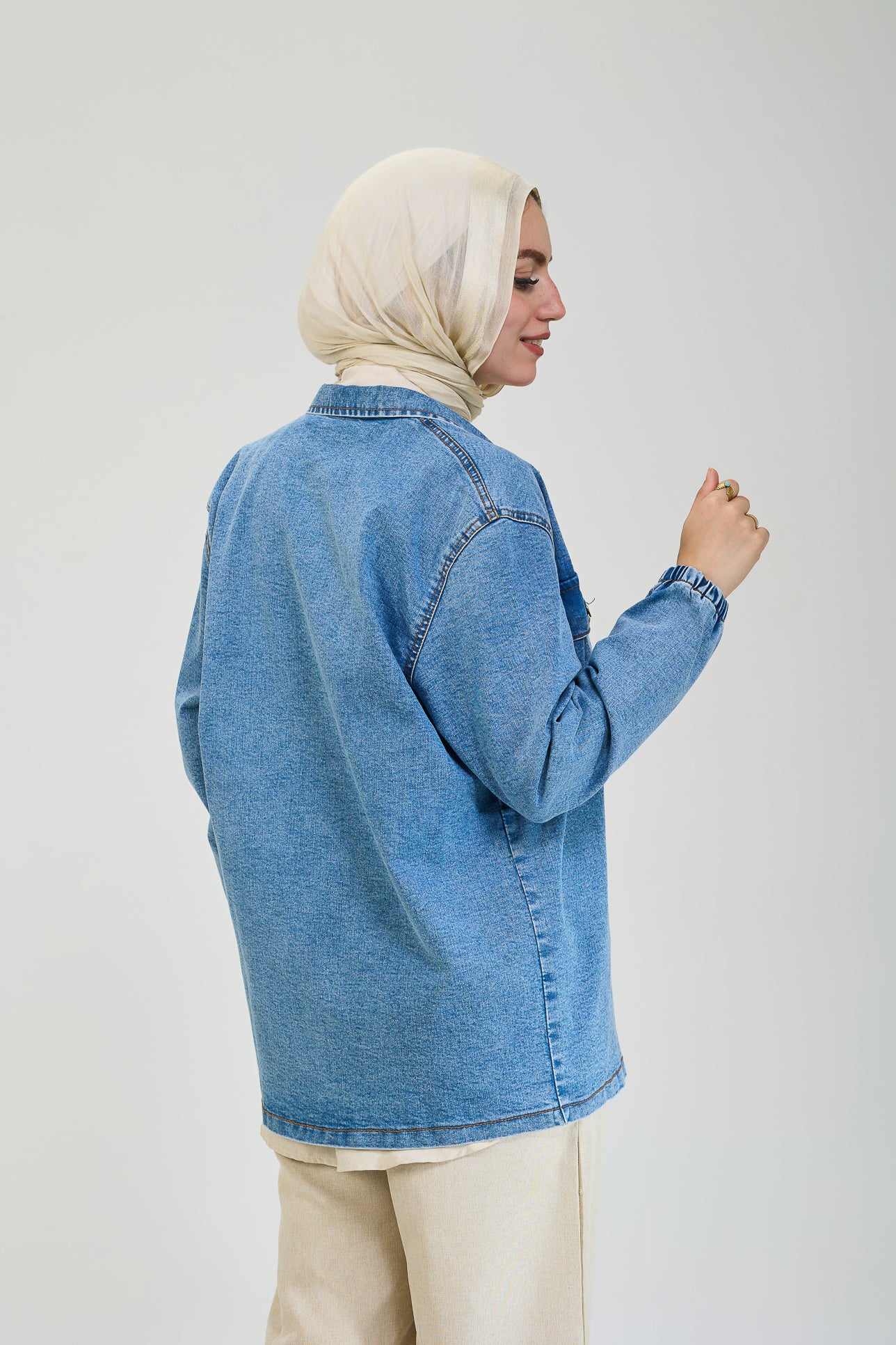 Front view of the classic jean maxi jacket