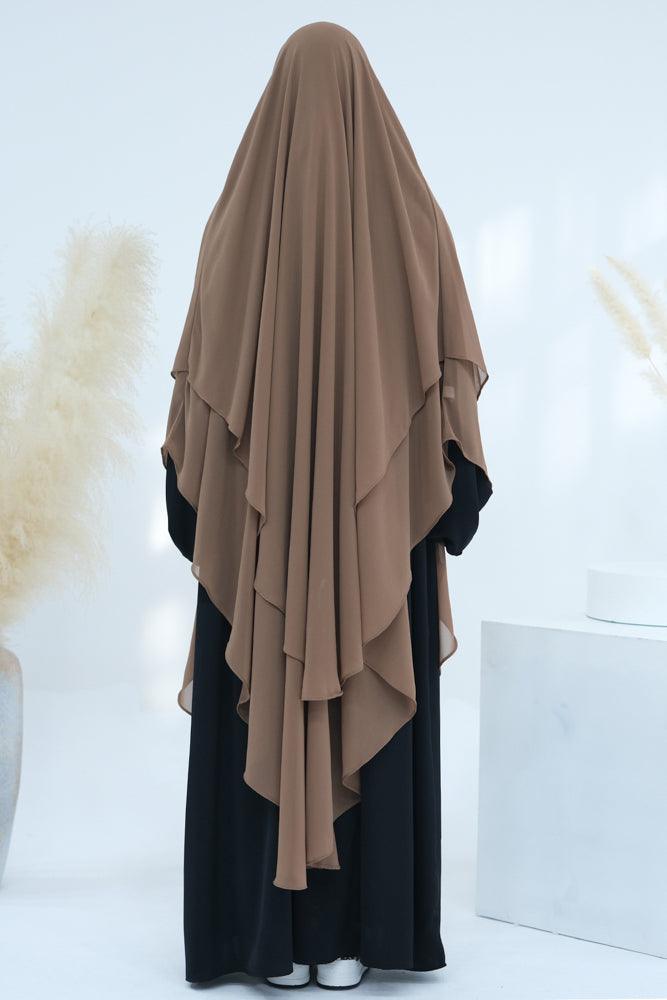 Back view showing the length of the khaki chiffon khimar