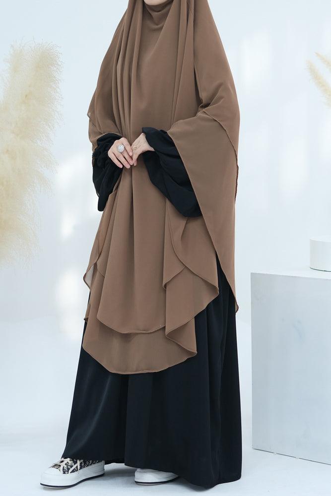 Front view of khaki chiffon khimar by Annah Hariri