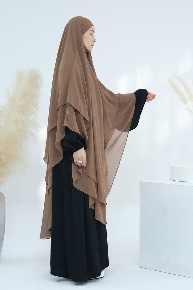 Side view of the khaki two-layer chiffon khimar