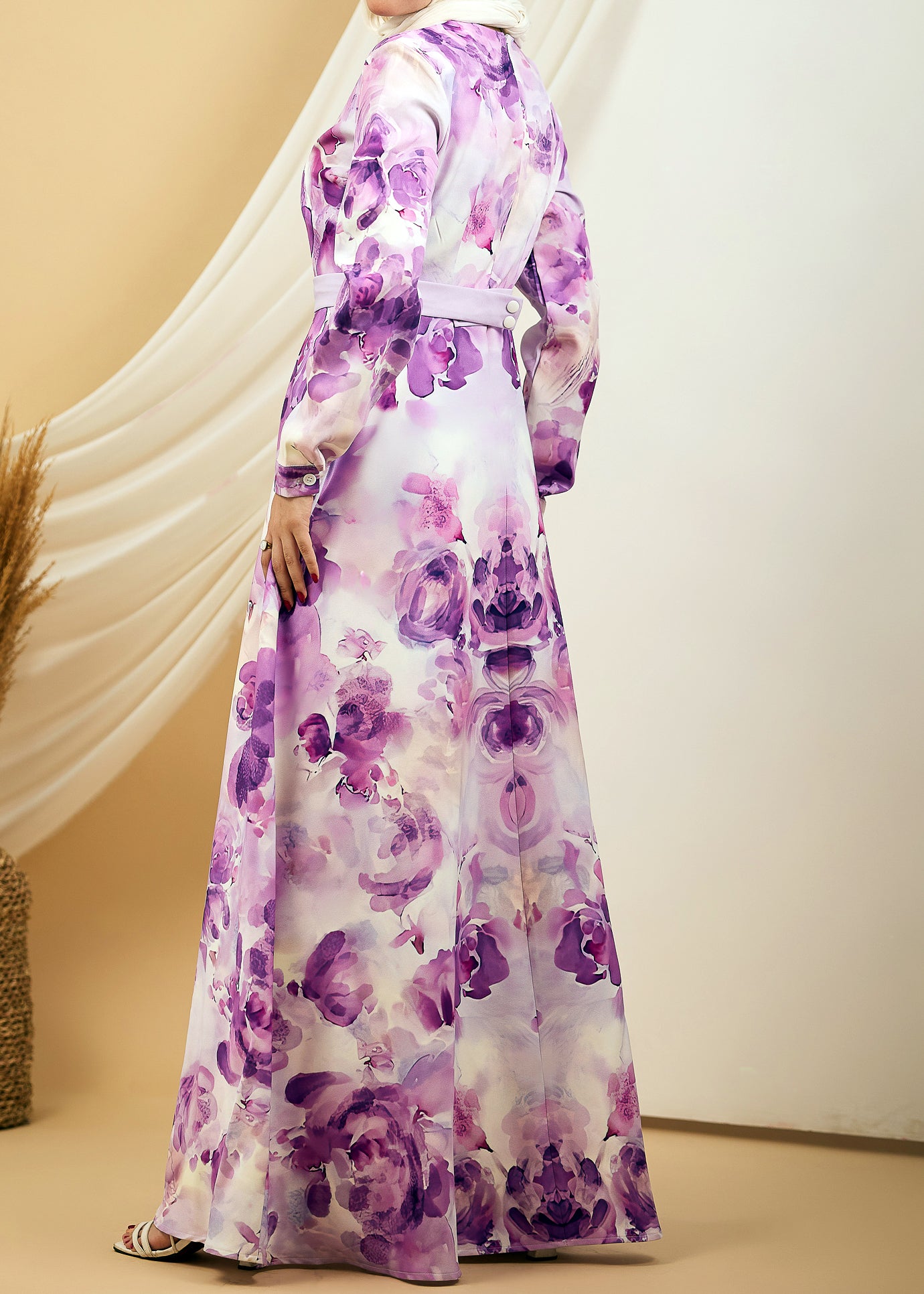 Back view of the Lavender Floral Crepe Polyester Maxi Dress with button details