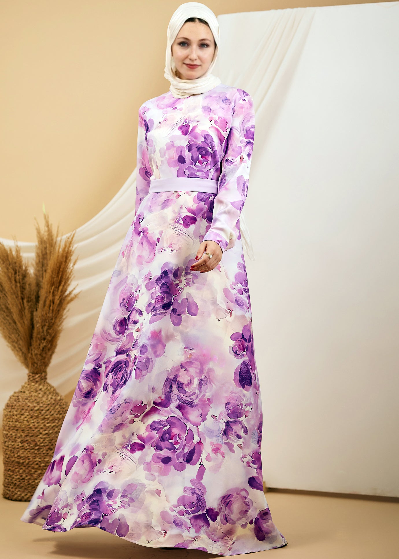 Full front view of the Lavender Floral Crepe Polyester Maxi Dress showcasing the floral pattern