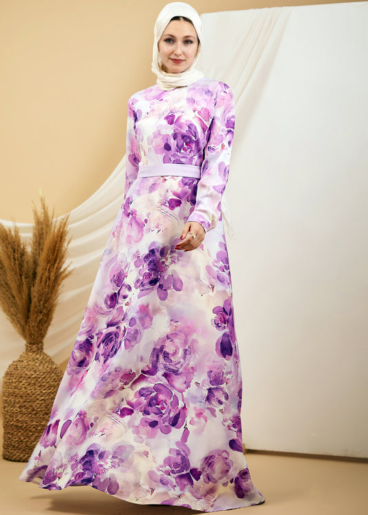 Full front view of the Lavender Floral Crepe Polyester Maxi Dress showcasing the floral pattern