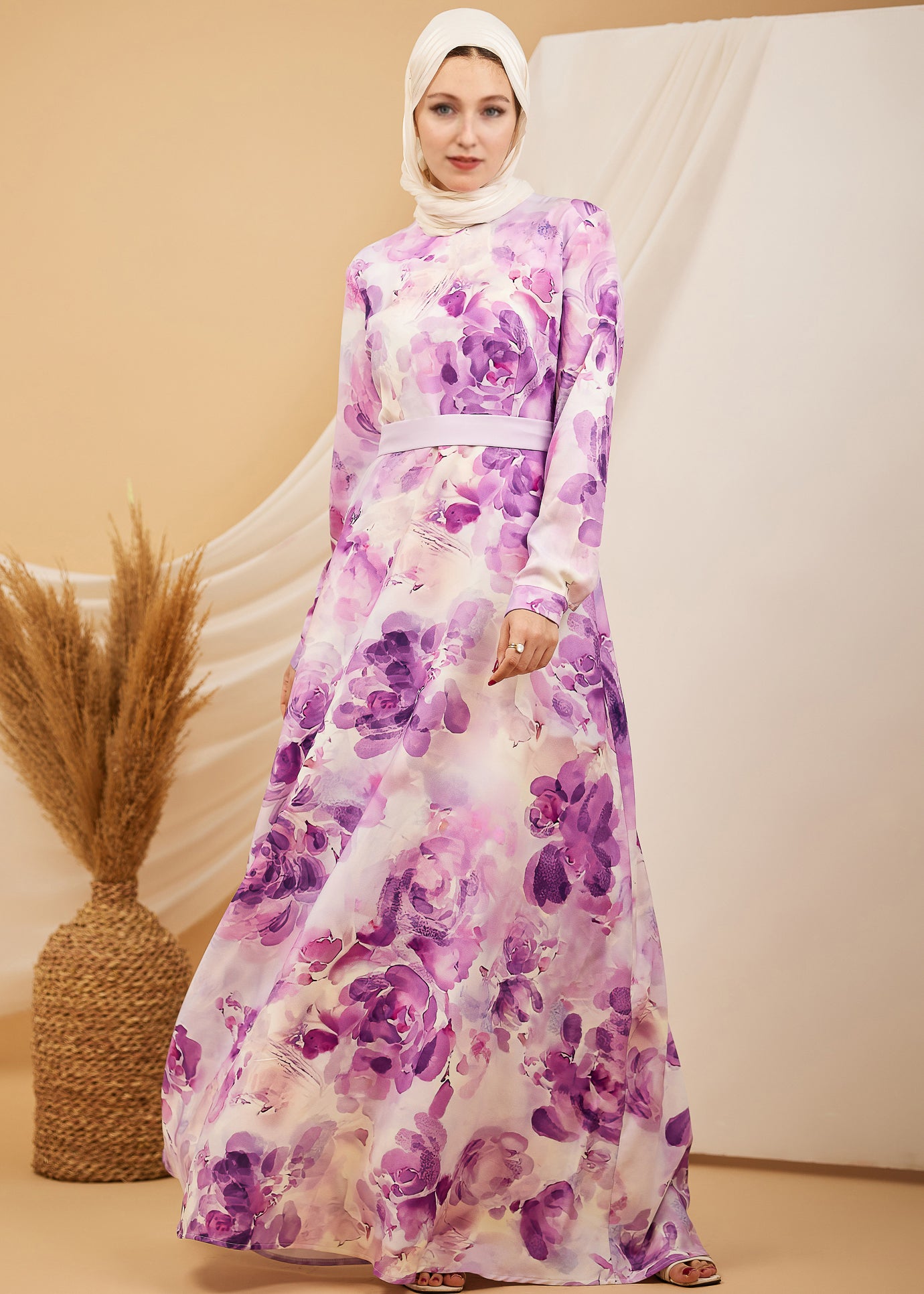 Full front view of the Lavender Floral Crepe Polyester Maxi Dress showcasing the floral pattern