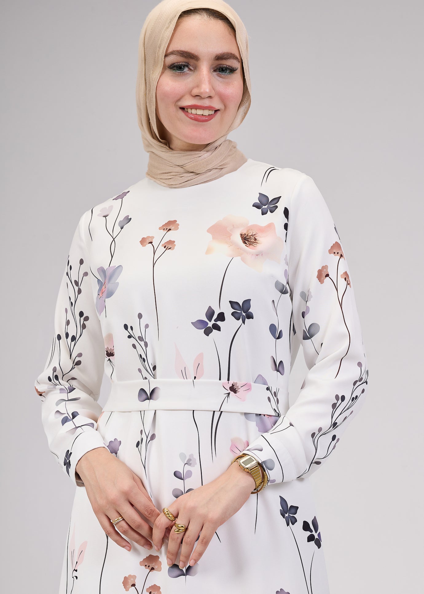 Full body view of Lily Bloom Modesty Dress in floral print
