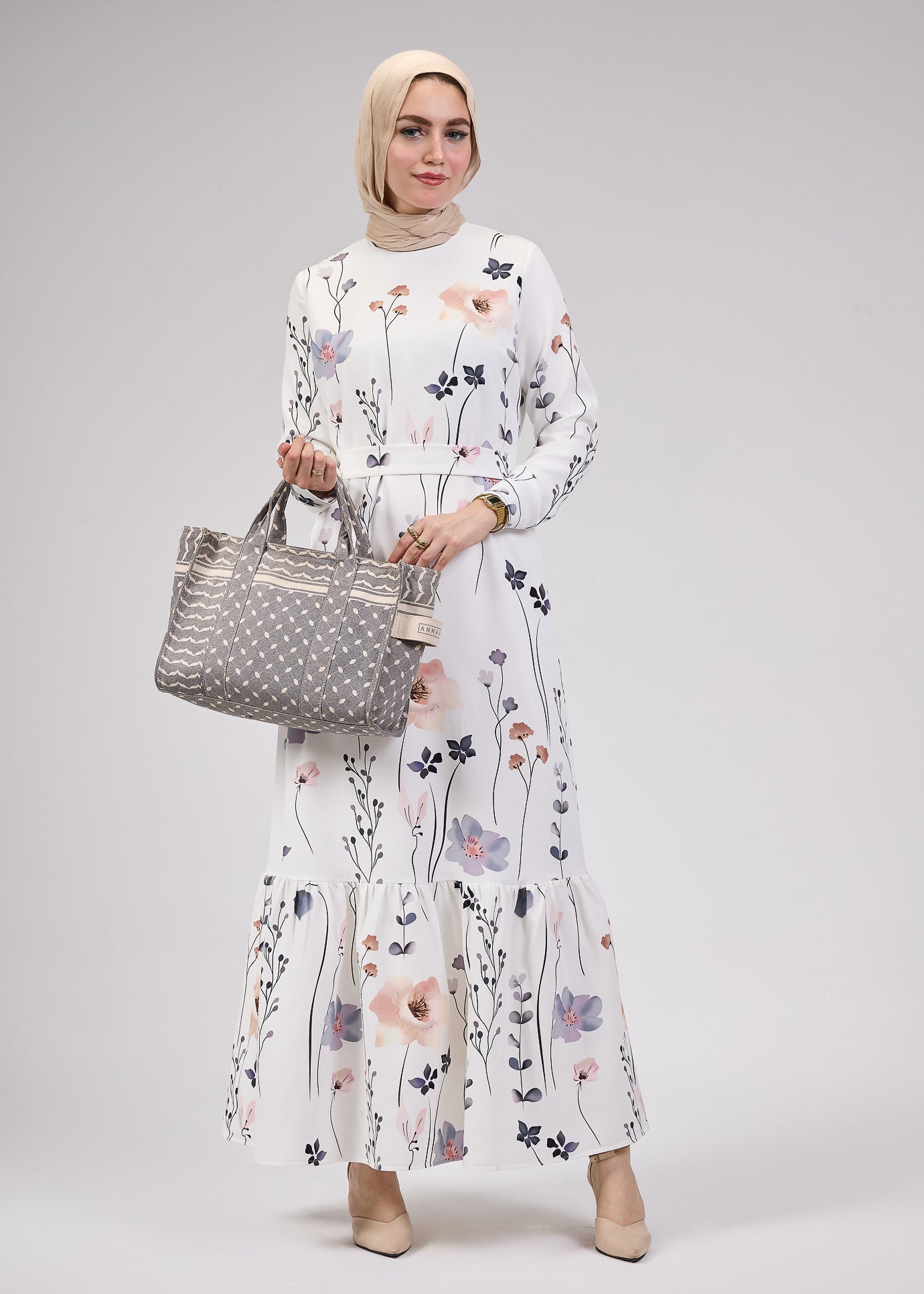 Sleeve detail on Lily Bloom Modesty Dress in floral print
