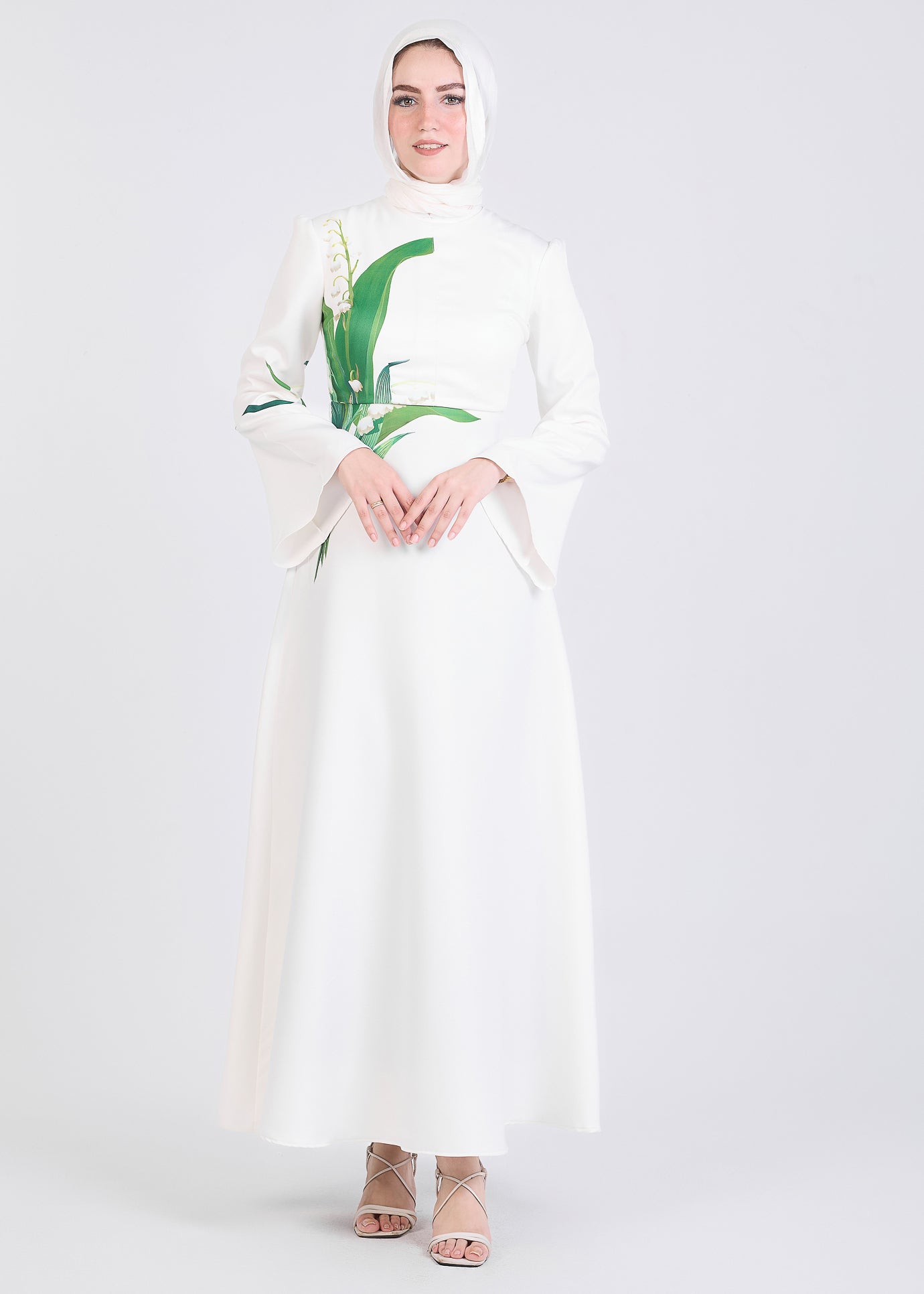 Back view of Lily-Inspired Flared Sleeve Maxi Dress in Ivory
