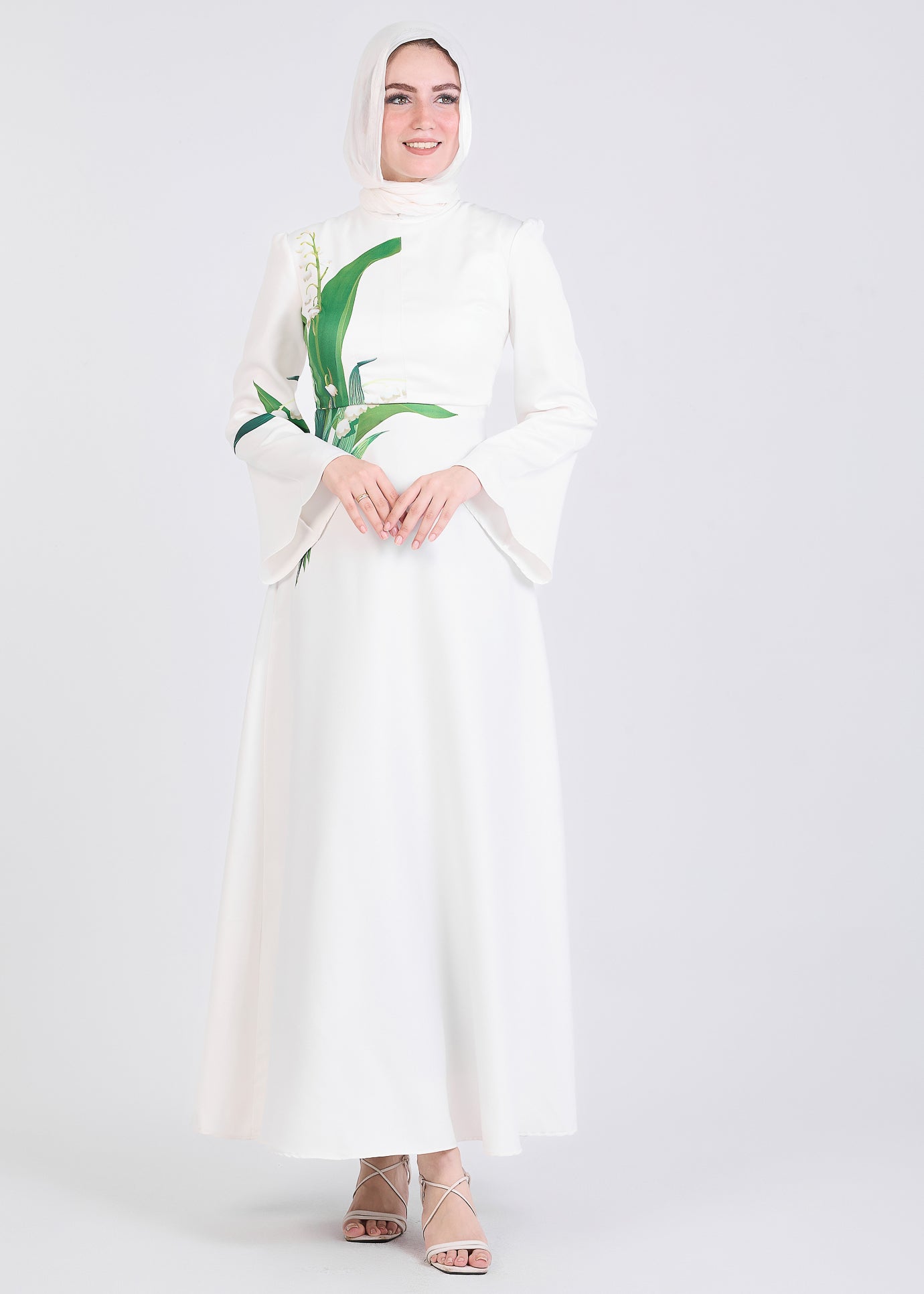 Front view of Lily-Inspired Flared Sleeve Maxi Dress in Ivory
