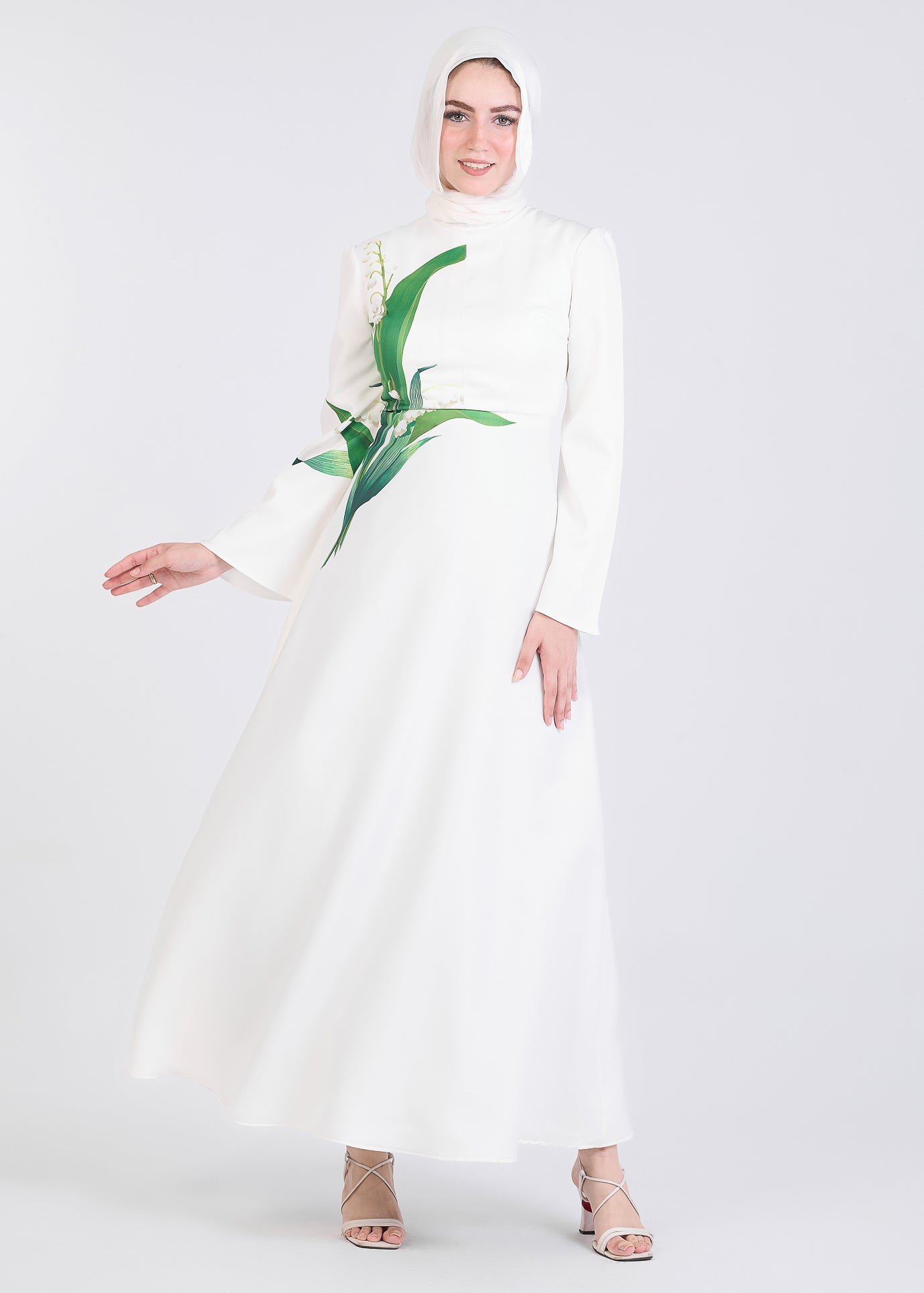 Side view of Lily-Inspired Flared Sleeve Maxi Dress in Ivory
