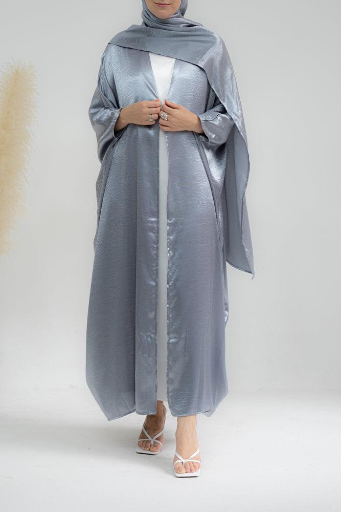 Limara shine bright abaya throw over batwing cut with a matching scarf in gray color - ANNAH HARIRI