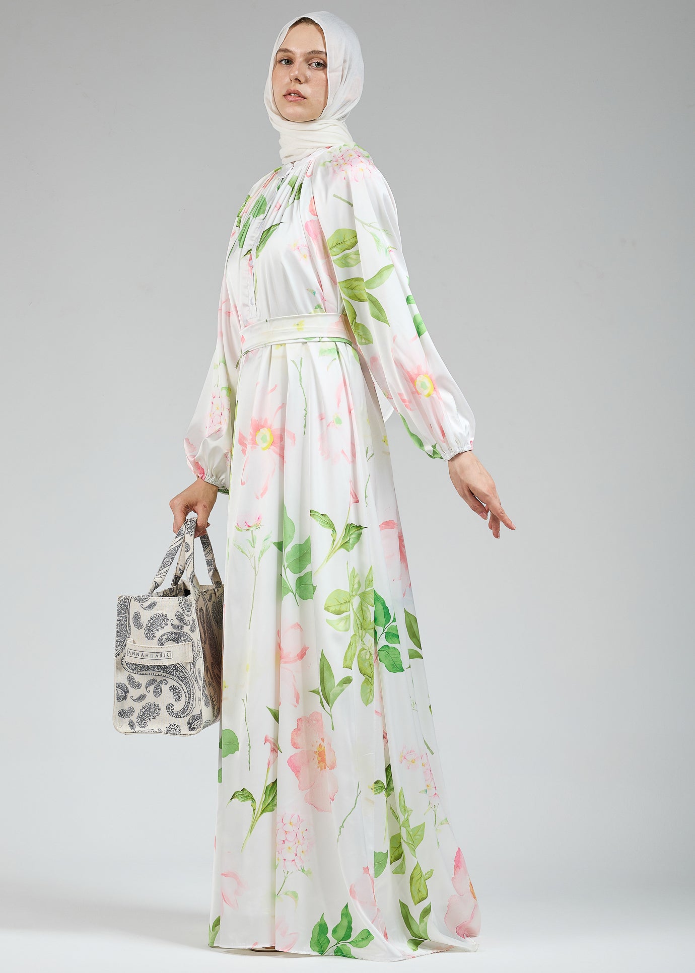 Modest white satin floral dress with long sleeves
