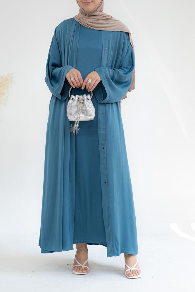 Lovenia Open front abaya and belt in Blue - ANNAH HARIRI