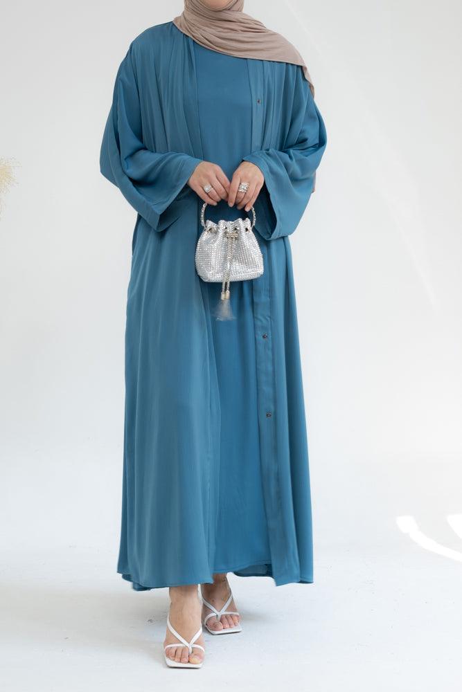Lovenia Open front abaya and belt in Blue - ANNAH HARIRI