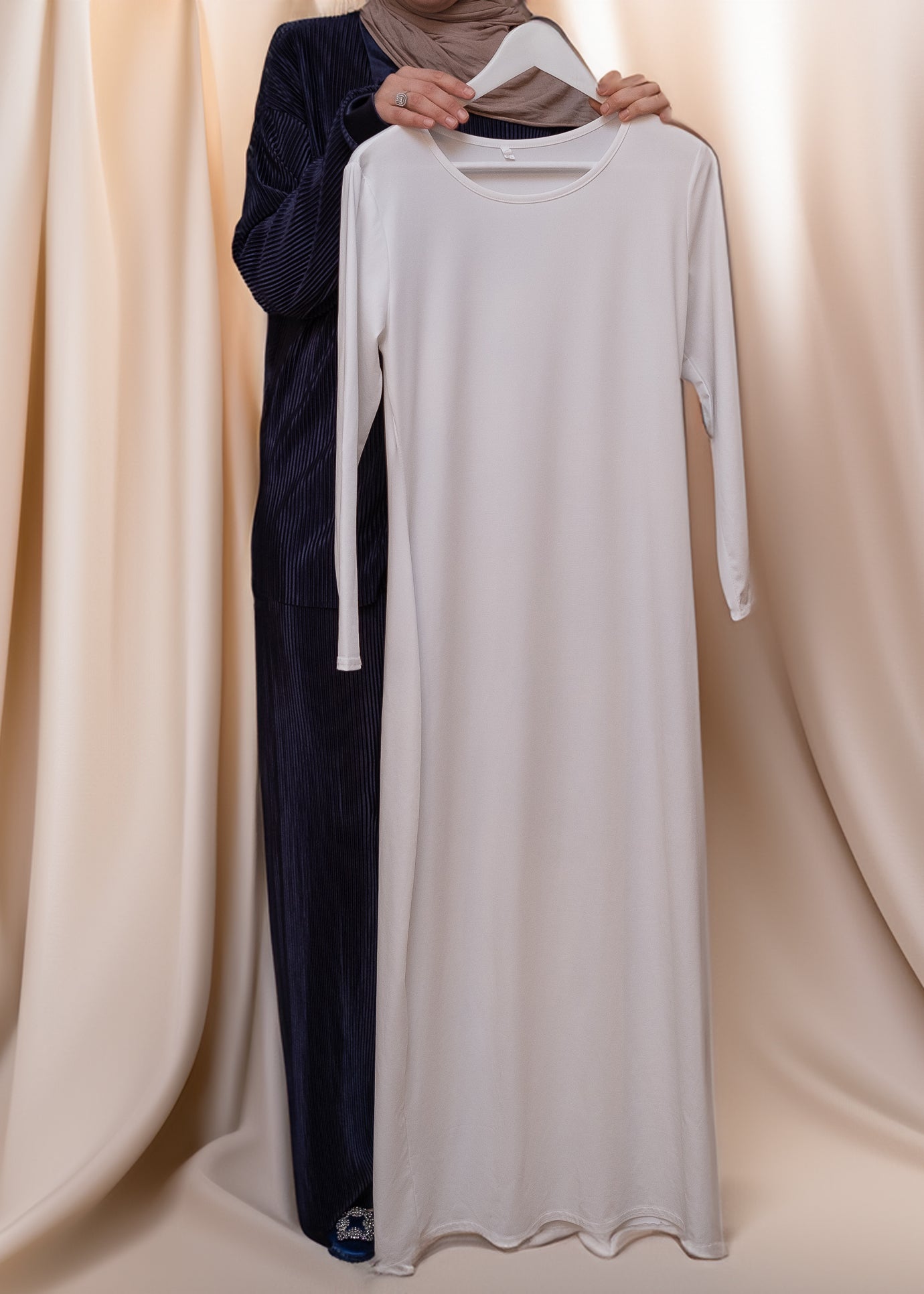 Front view of Marquis Slip Dress Maxi Length and Long Sleeve in White by Annah Hariri