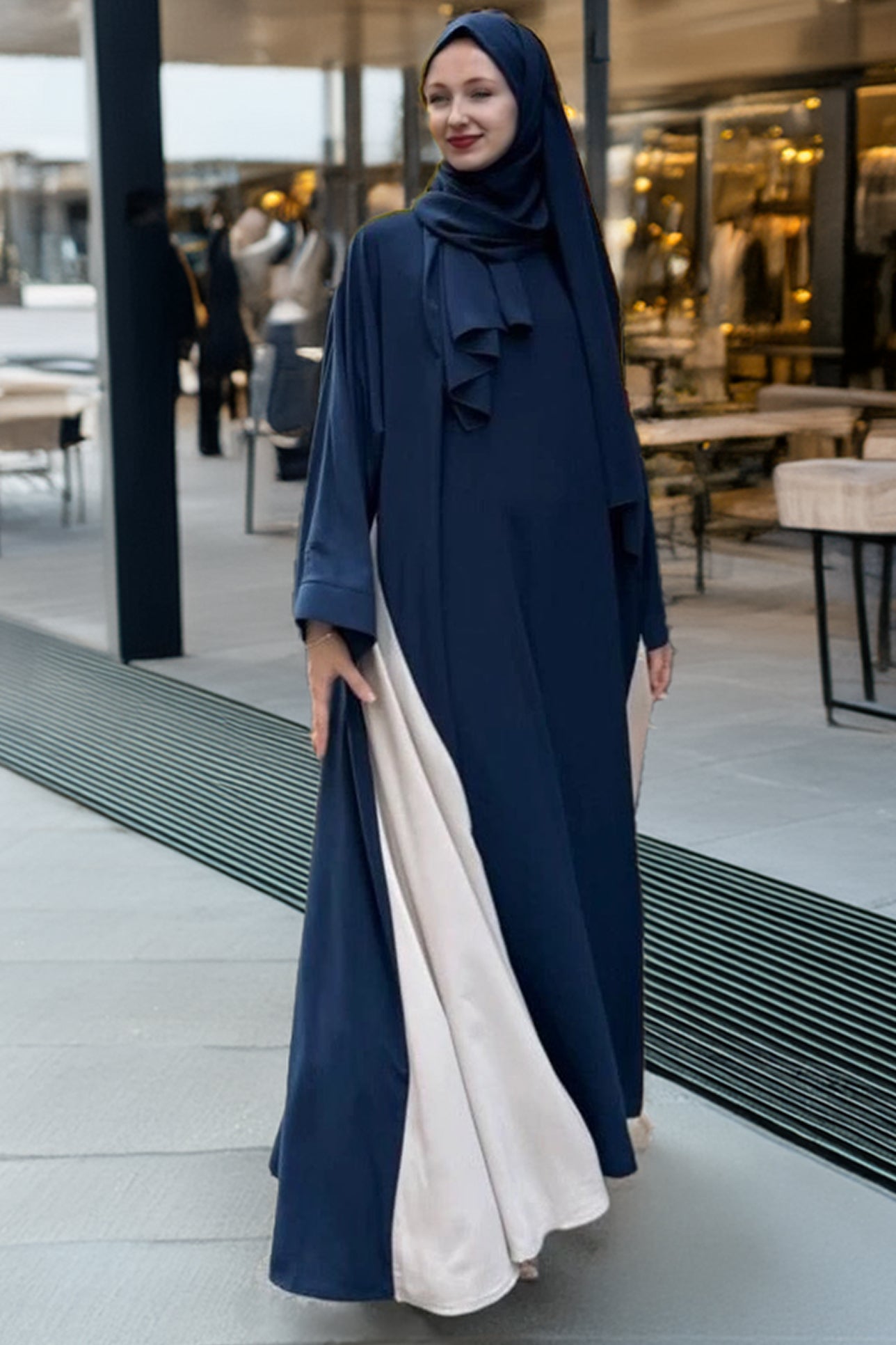 Front view of midnight blue-colored two-tone crepe Abaya
