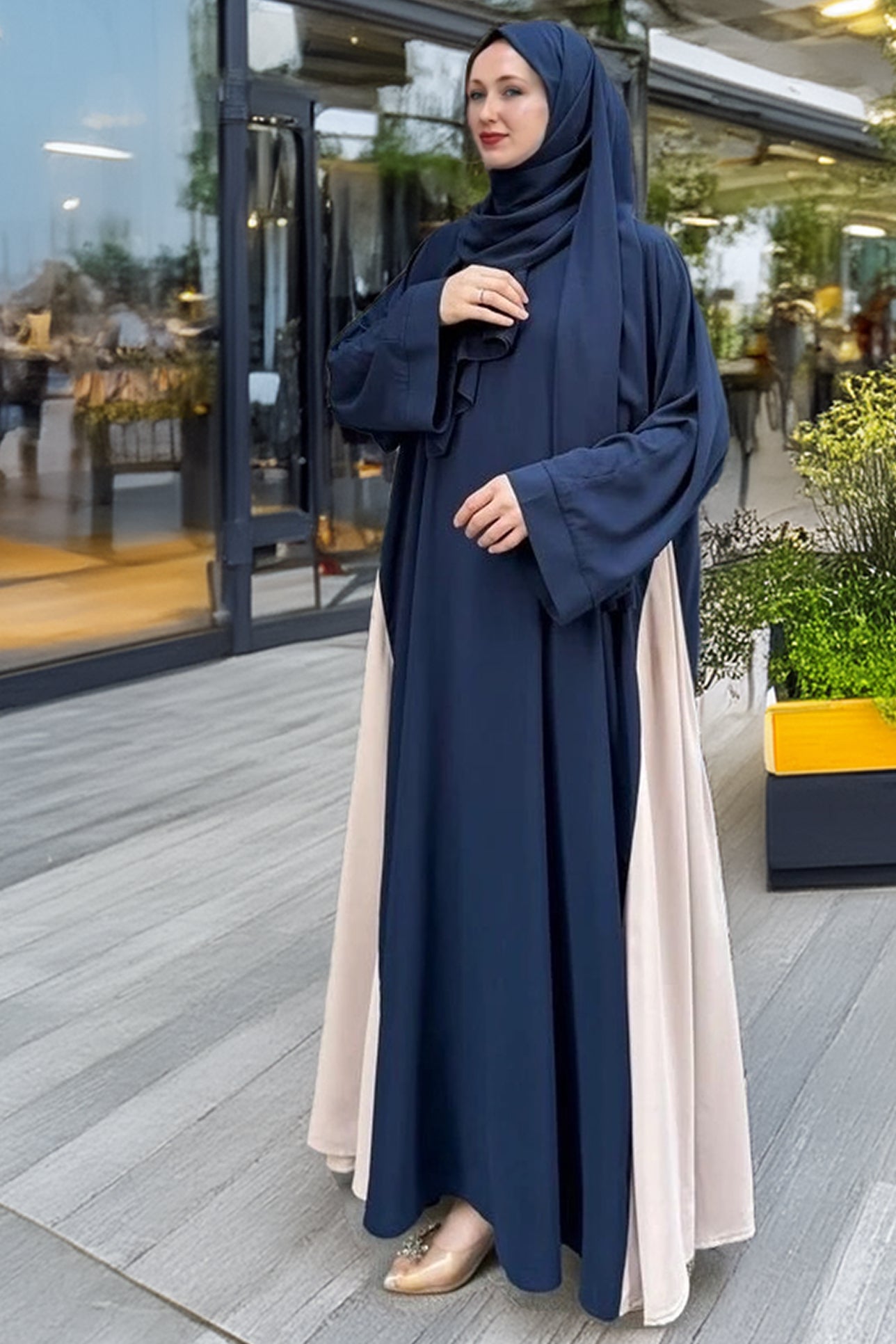 Front view of midnight blue-colored two-tone crepe Abaya
