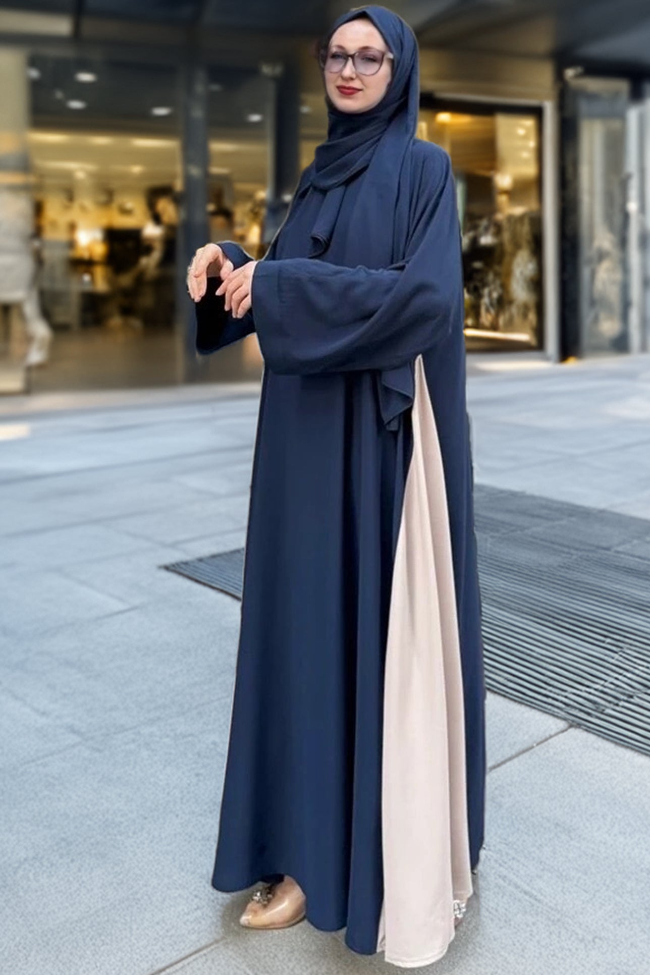 Front view of midnight blue-colored two-tone crepe Abaya
