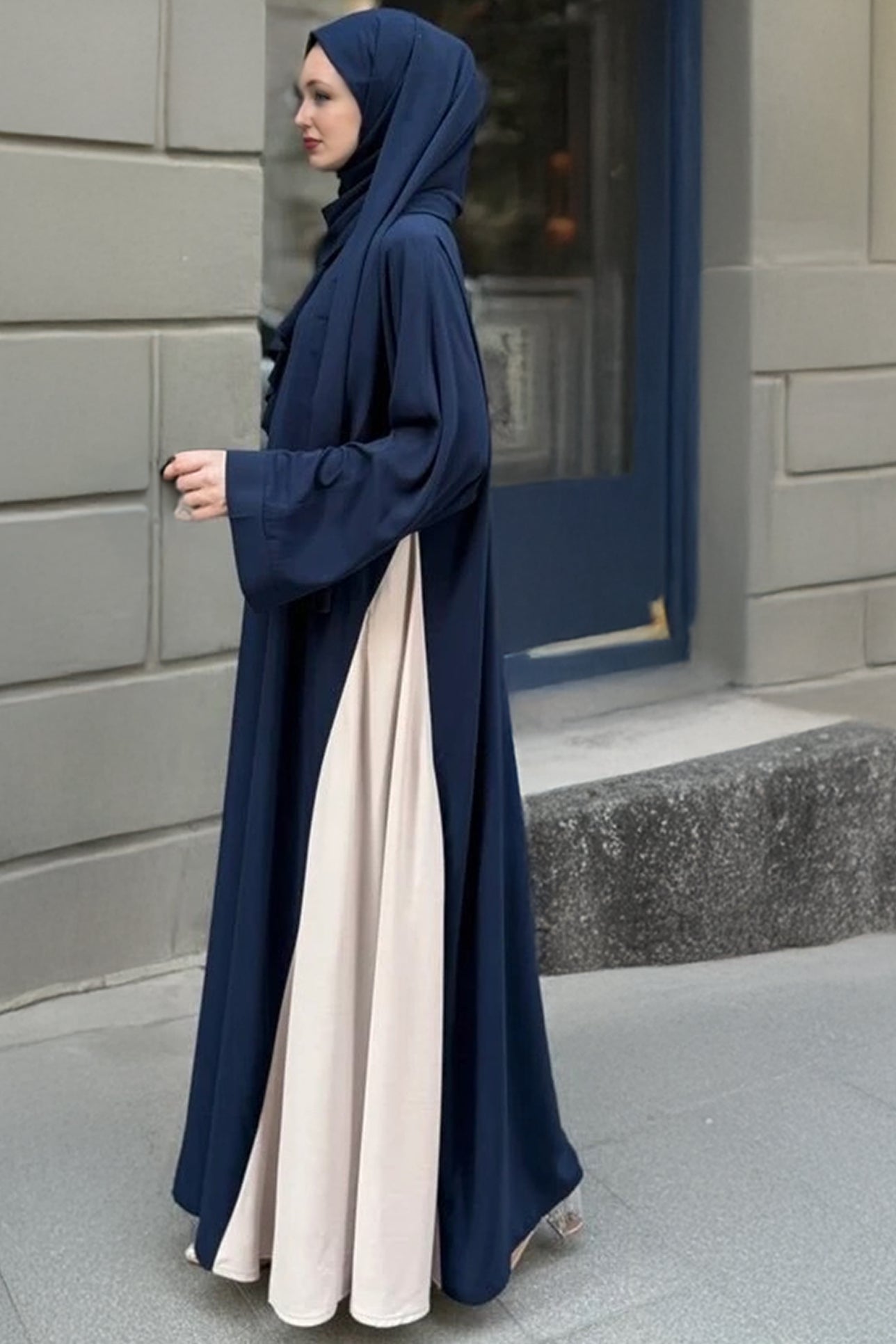 Side view of midnight blue-colored two-tone crepe Abaya
